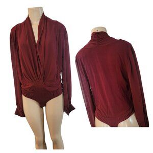 Eva Mendes NY&CO Wine Red Shawl Collar Long Sleeve Bodysuit Top